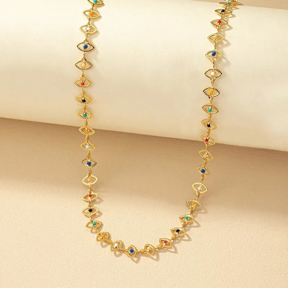 Colorful Gold Evil Eve Adjustable Length Choker Necklace NEW